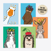 Flower Animals – Set of 5 Postcards – GOKIH – Goose, Otter, Cat, Hedgehog, Rabbit